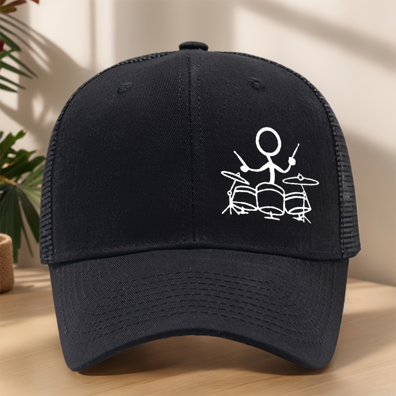 TEMU Drum Print Baseball For Spring And Summer, Breathable Mesh, Sweat-wicking, Adjustable Duckbill Hat For Music Festivals, Rock Events, Outdoor