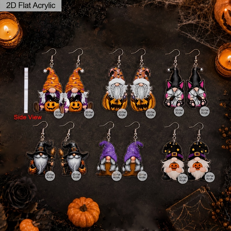 Halloween Witch Gnome Pumpkin Acrylic Earring Set, 6 Pairs