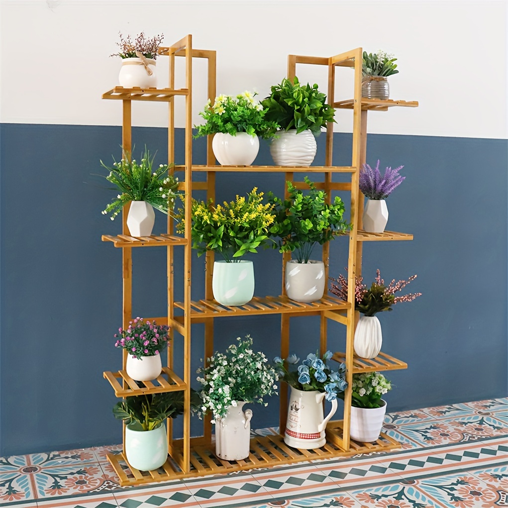 Image of Contemporary 9-tier Bamboo Plant Stand, Corner Shelf For Garden Display, Indoor Outdoor Use, No Electricity Required