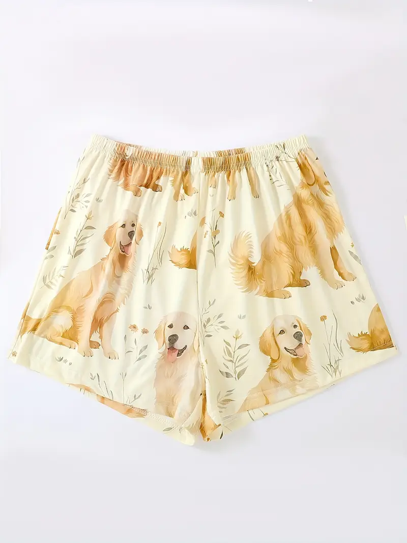 crew neck three piece apricot floral golden retriever puppy animal print adult pajama set short sleeve top and loose elastic shorts and pants casual womens pajama and loungewear set all year round Product details 3