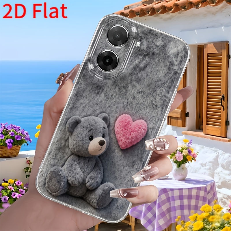 Ovitek za telefon: 2D ploščat siv plišasti medvedek s srčnim vzorcem, primeren za Redmi 12C 13 14C 15 5G 15C 5G A3 A5 4G Note 10 11S 12 13 14