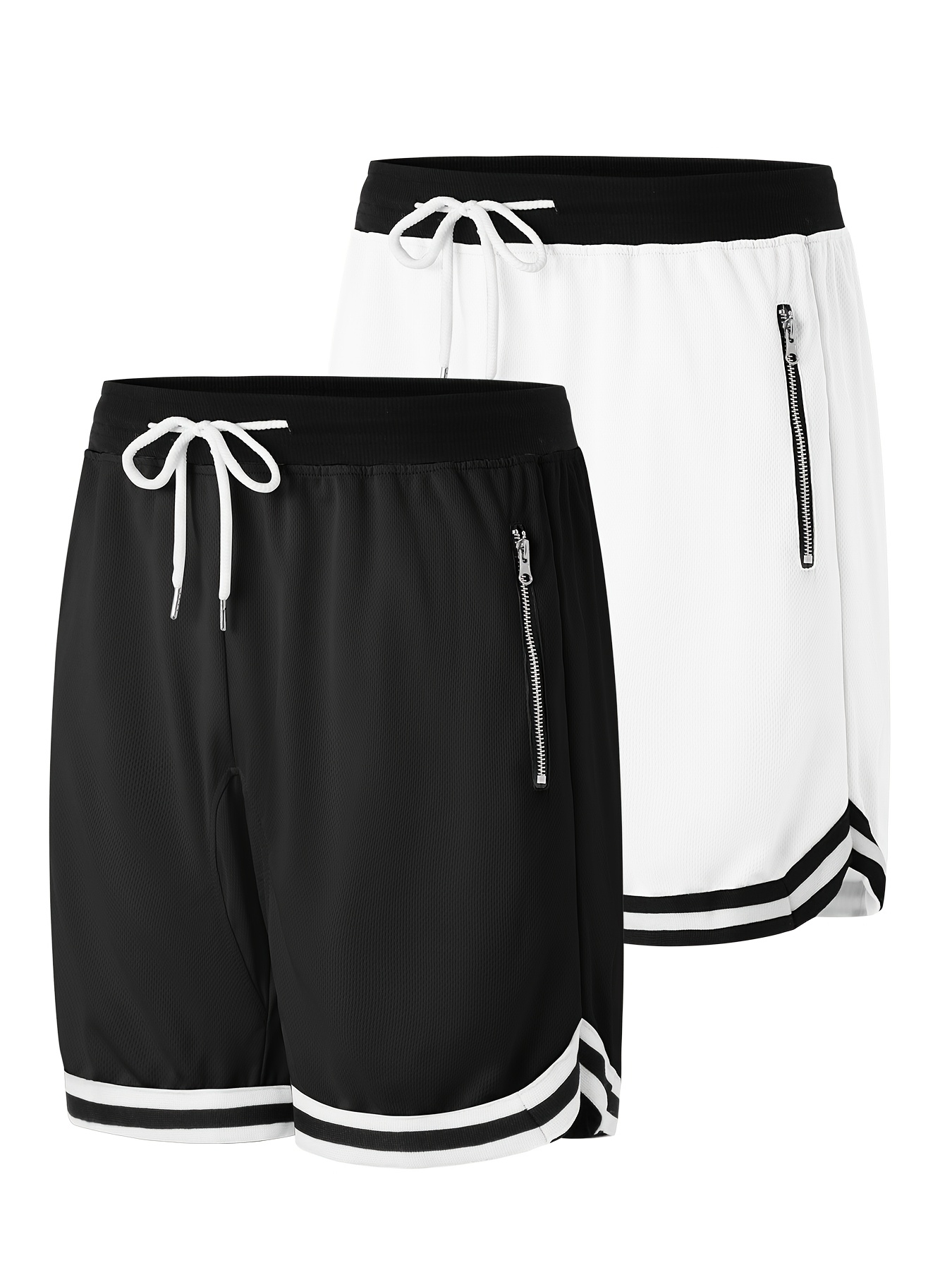 2pcs *'s Casual Athletic Shorts with Zipper Pockets Breathable Polyester,  Black Red Basketball Style, Drawstring Waist, Machine Washable