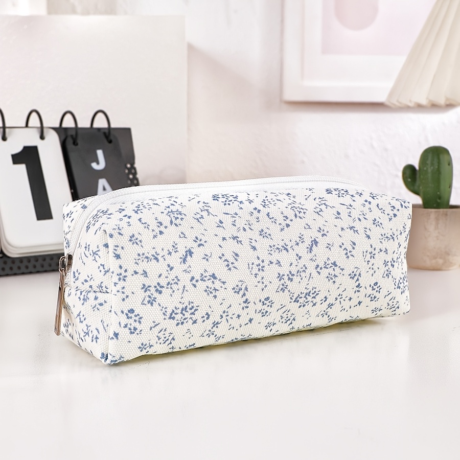 Blue Floral Pattern Pen Bag - Large Capacity Study Stationery Storage Bag - Canvas Stationery Box - Festival Gift