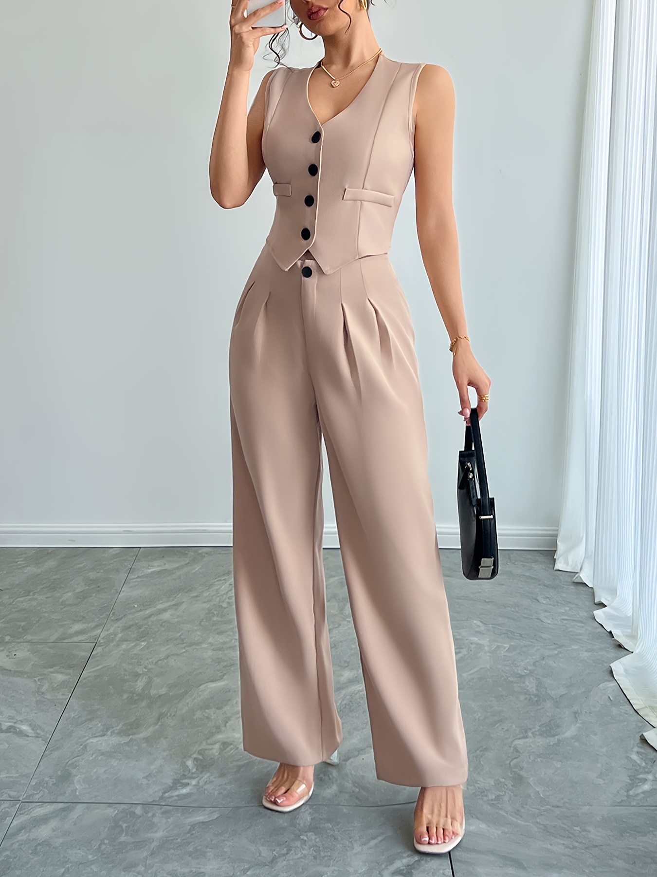 womens elegant fit jumpsuit v neck long sleeve pantsuit - Temu