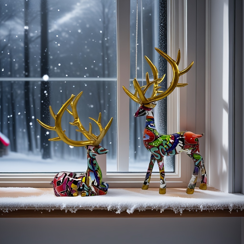 Image of A Set Of 2 Resin Cartoon Reindeer Statues, Themed For Christmas And New Year , Perfect For Home Decor, Ideal For Desks, Living Rooms, And Types Of Rooms, Festive Decorations That No Electricity.