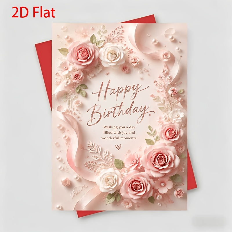 TEMU 1 Greeting Card + 1 Envelope Elegant Floral Birthday Greeting Card, Pink Roses And Ribbons Frame "happy Birthday A Day Filled And Wonderful