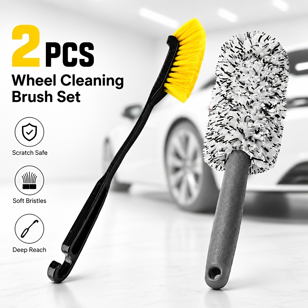 TEMU 2pcs Non-scratch Wheel Cleaning Brush Set, Soft Bristle , For Deep Cleaning, Durable Handle Suitable For Car Trucks Motorcycles, High Foam