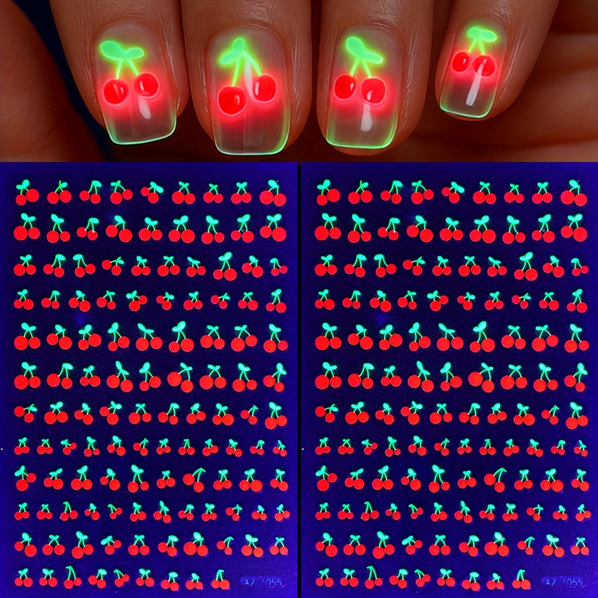 2 Sheets Cherry Charm 3d Nail Art Stickers- Luminous Fluorescent Kawaii Fruit Designs, Glow In The Light Nail Stickers, Self-adhesive Nail Art Decals, Y2k Style Manicure, Nail Supplies