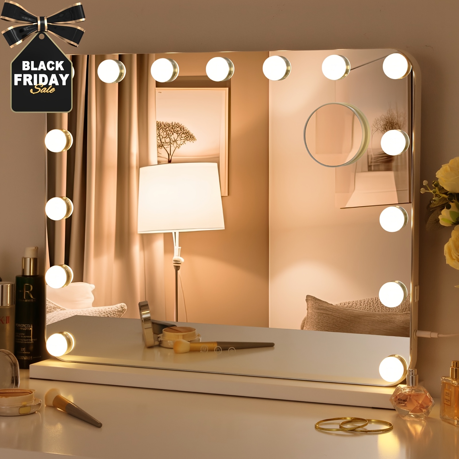 

Lighted Makeup Mirror, 58x46cm Tabletop Lighted Mirror, 15 Dimmable Led Bulbs With 3 Color , Usb, Magnifying Mirror, Dressing Table Or Wall Mirror