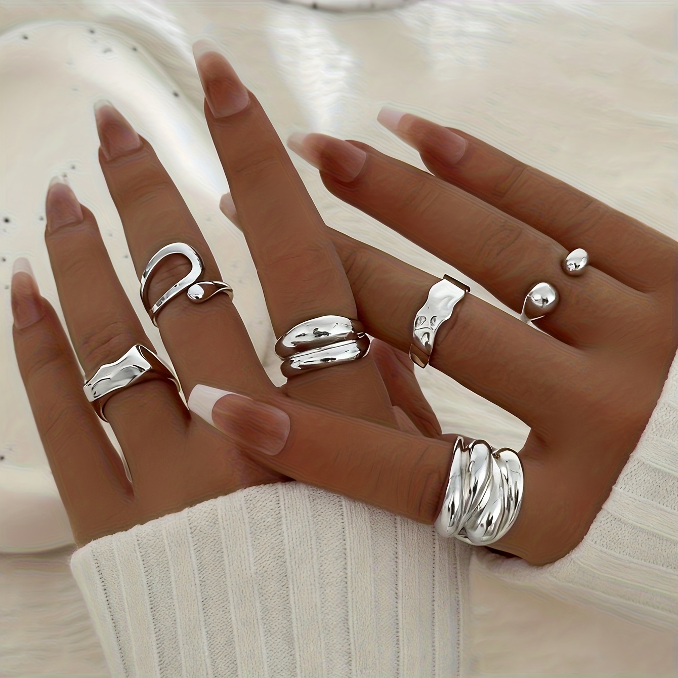 E-shop 6-teiliges Ringset aus glatter Legierung, Retro, elegant, , vielseitig, für , Hochzeiten, breiter Ring, Wasserfall-Ringset, Geschenk, Urlaubs,