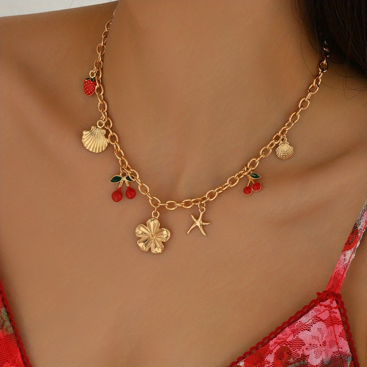 TEMU 1pc Retro Golden Multi-charm Necklace Strawberry Cherry Shell And Starfish Details Vintage-inspired Statement Piece Suitable For Daily Wear And