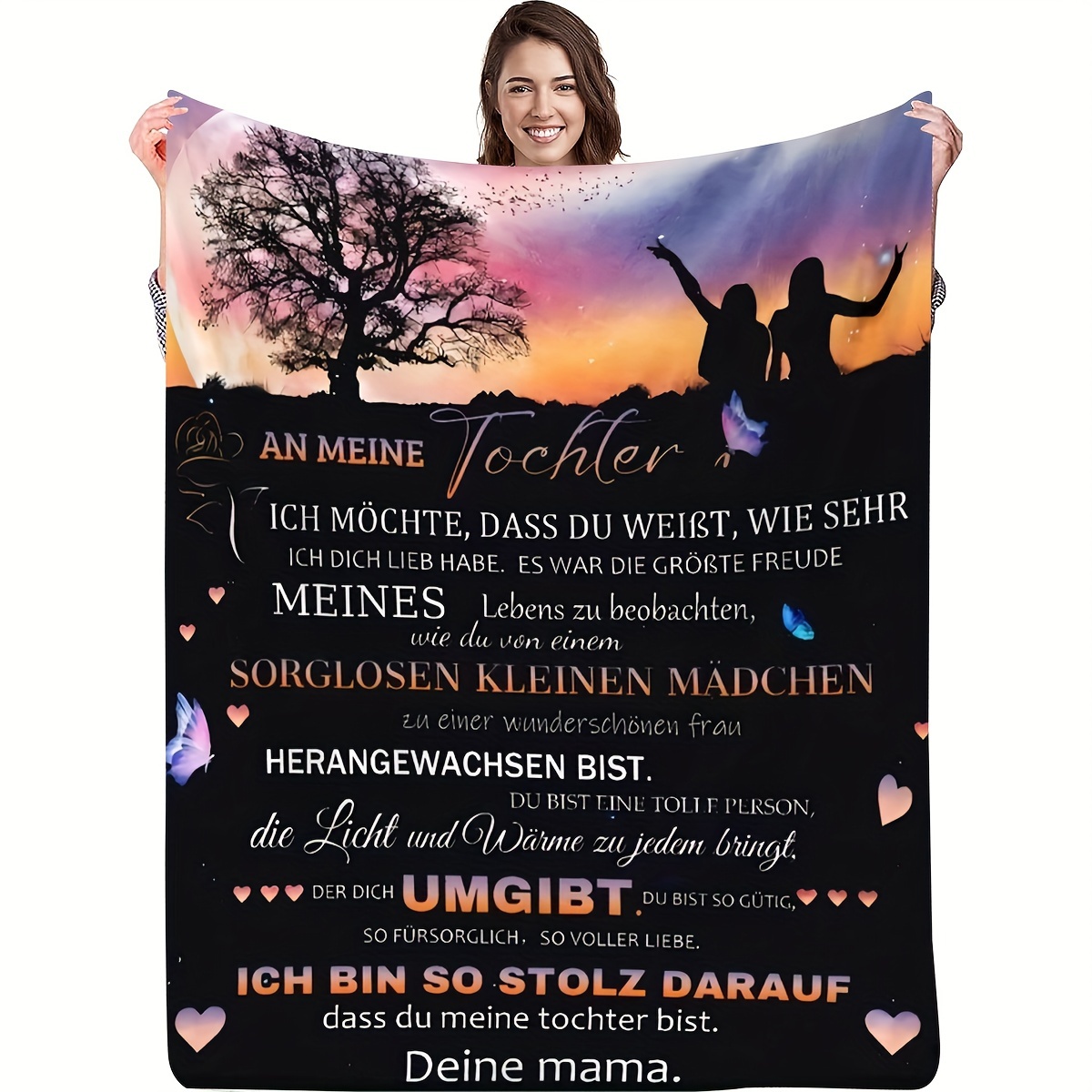 

Vintage German-language Mother To Daughter Throw Blanket, Soft Knitted Flannel Fleece Sofa Throw With Inspirational Quotes, All Seasons Polyester Cozy Wrap, Unique Gift For Birthdays And Holidays