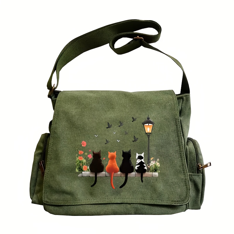 TEMU Large Capacity Shoulder Bag, Vintage Tote Crossbody Bag - Features A Design With 4 Cats Sitting On A Stone Table, Suitable For Shopping, , And
