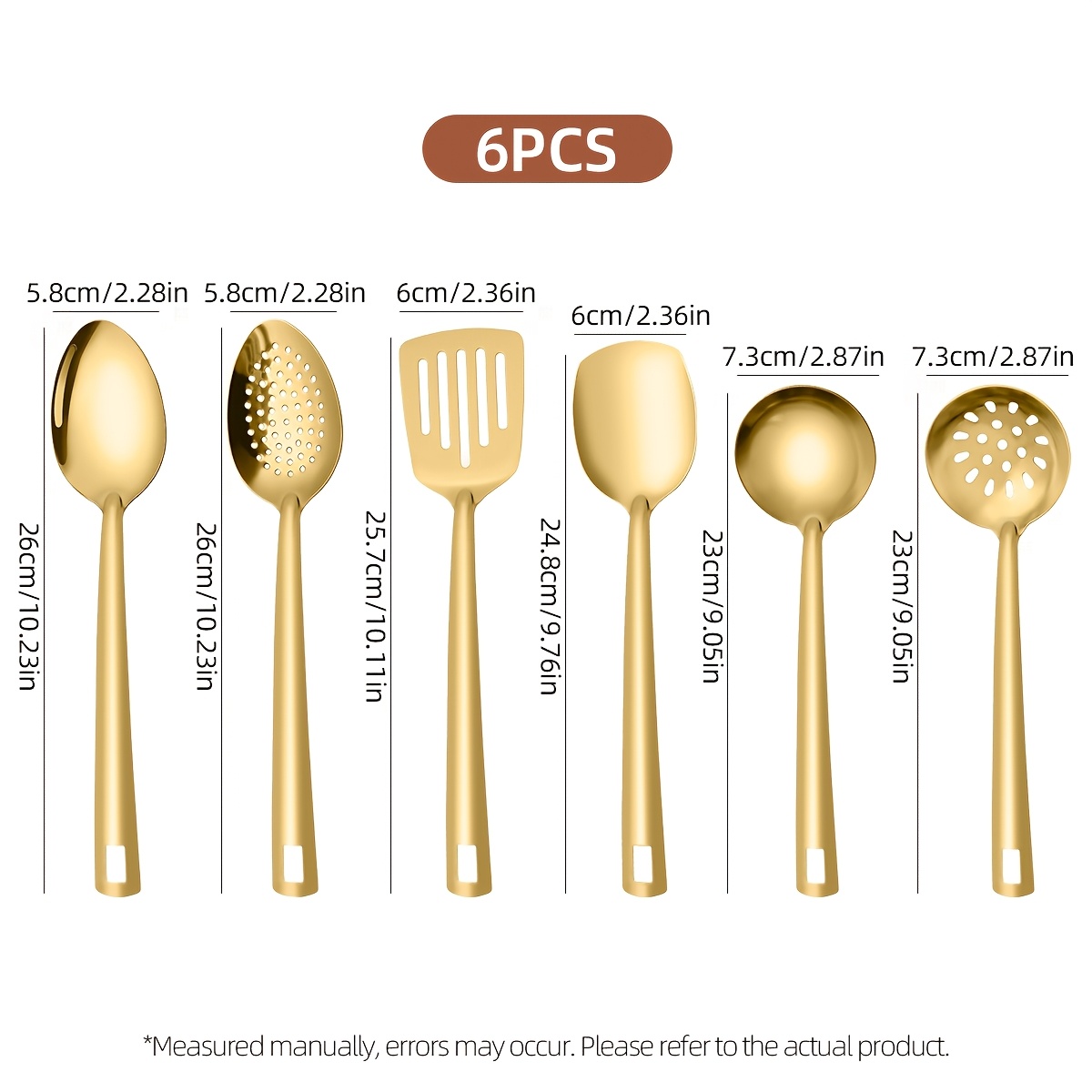 TEMU 6pcs Golden Stainless Steel Kitchenware Set, Square-headed Shared Service Cutlery & Cooking Utensil - Soup Ladle, Slotted Spoon, Flat Spatula,