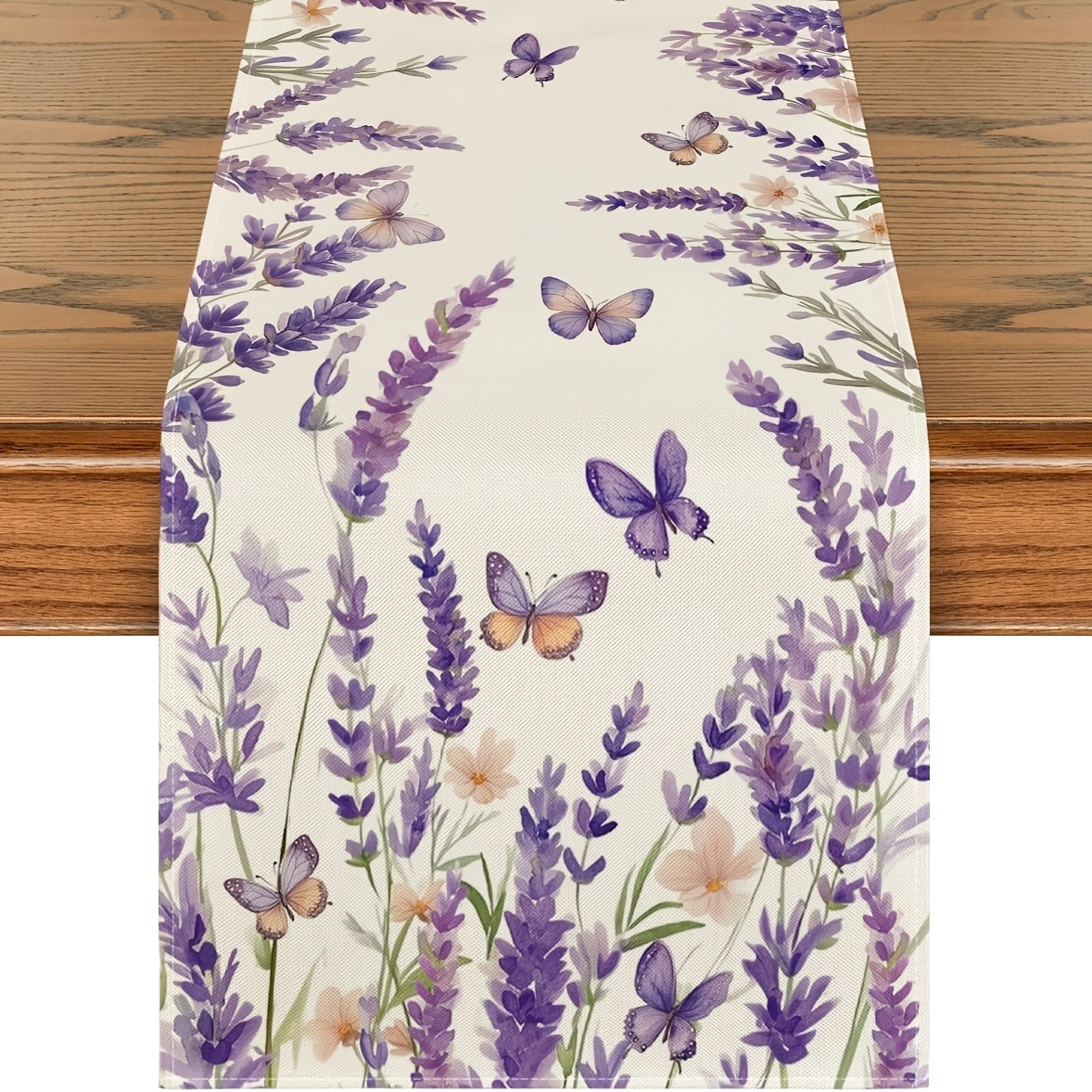 1pc, Linen 100% Rectangle Table Runner, Purple Lavender & Butterflies Spring/summer Theme, Woven , Home Party Decor, Multiple Sizes (13x36/48/72/108 Inches)