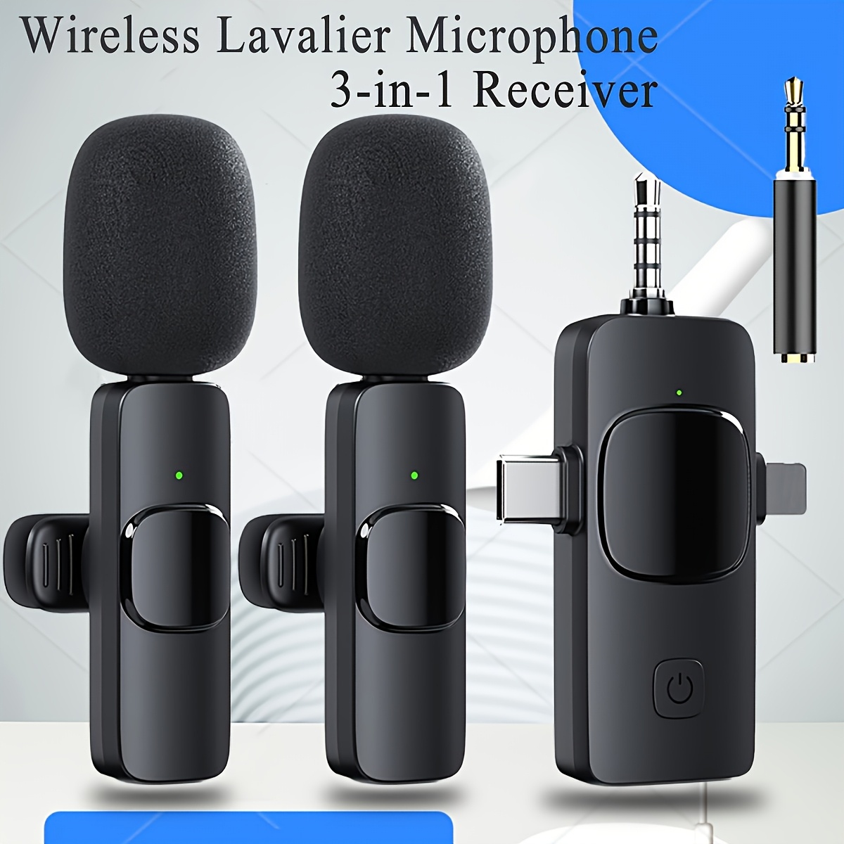 3-in-1 Receiver Wireless Lavalier Microphone Clear Radio Mini Mic For  iPhone Phone/Camera/Computer/Laptop, Dual Lapel Mic with