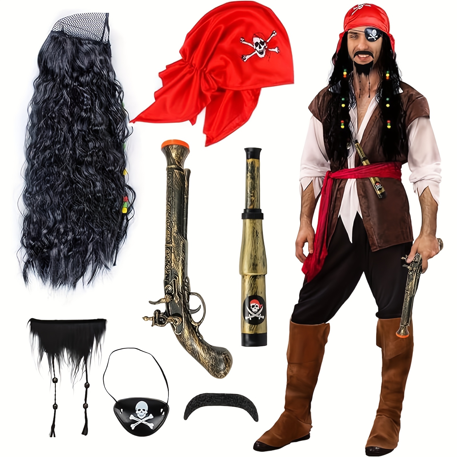 1 set of mens pirate additions pirate hats skull and   printed   bandana with wig moustache eye patch pirate costume accessory set for mardi gras halloween cosplay   dress up