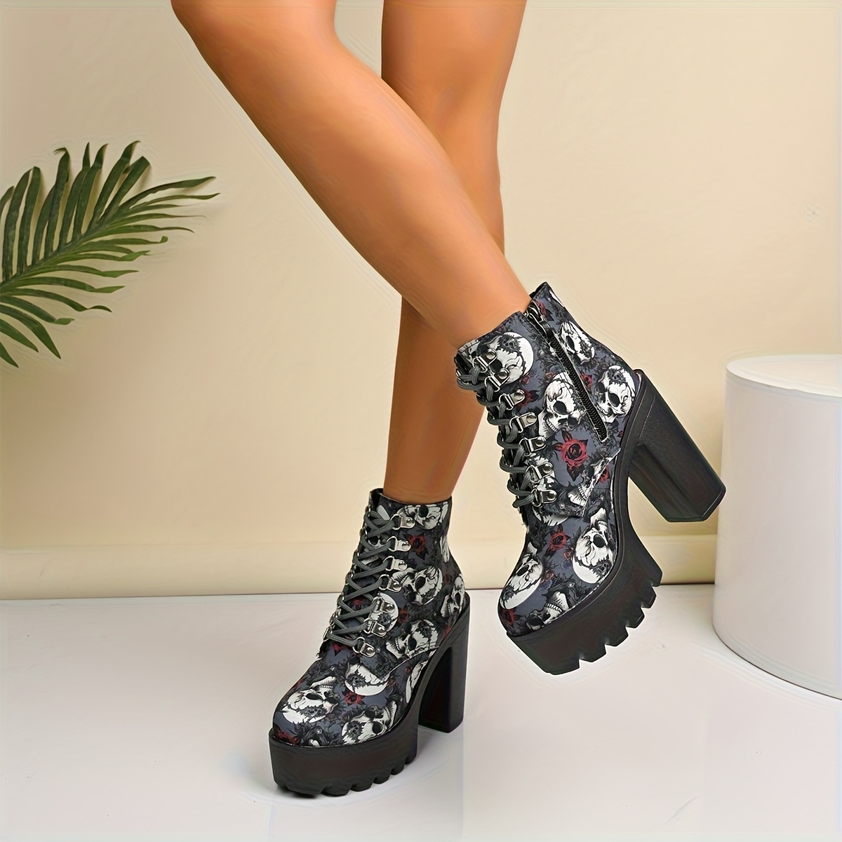 TEMU Wangsheng 012 Women's Chunky Heeled Ankle Boots With Skull Design, Stylish High Heels, And Front Lace-up For Autumn And Winter., Women Shoes
