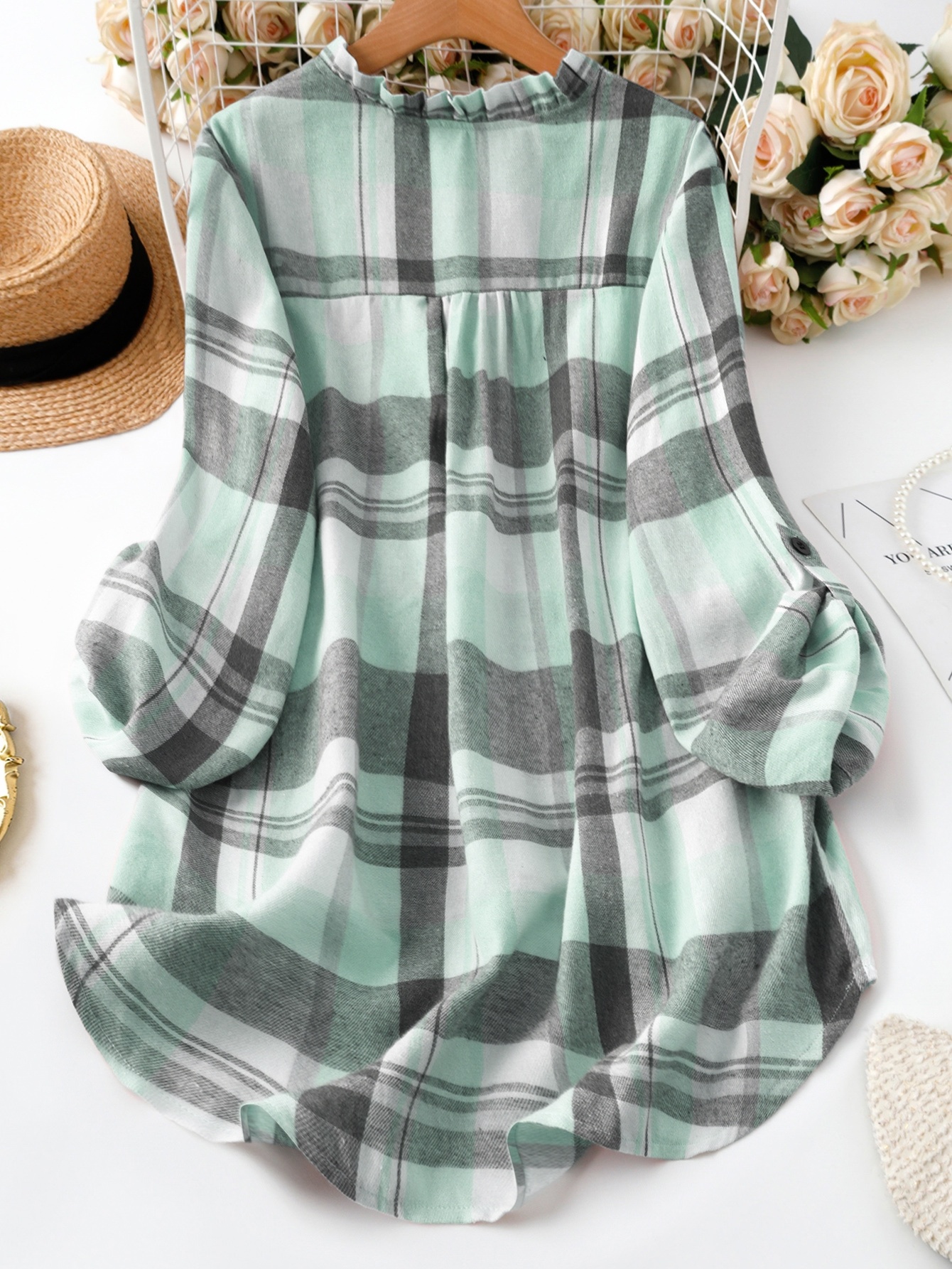 Fashionable Women's Plaid Long-Sleeve Shirt with Roll-Up Cuffs, Elegant Blouse, Women's Top, New Spring Women's Clothing