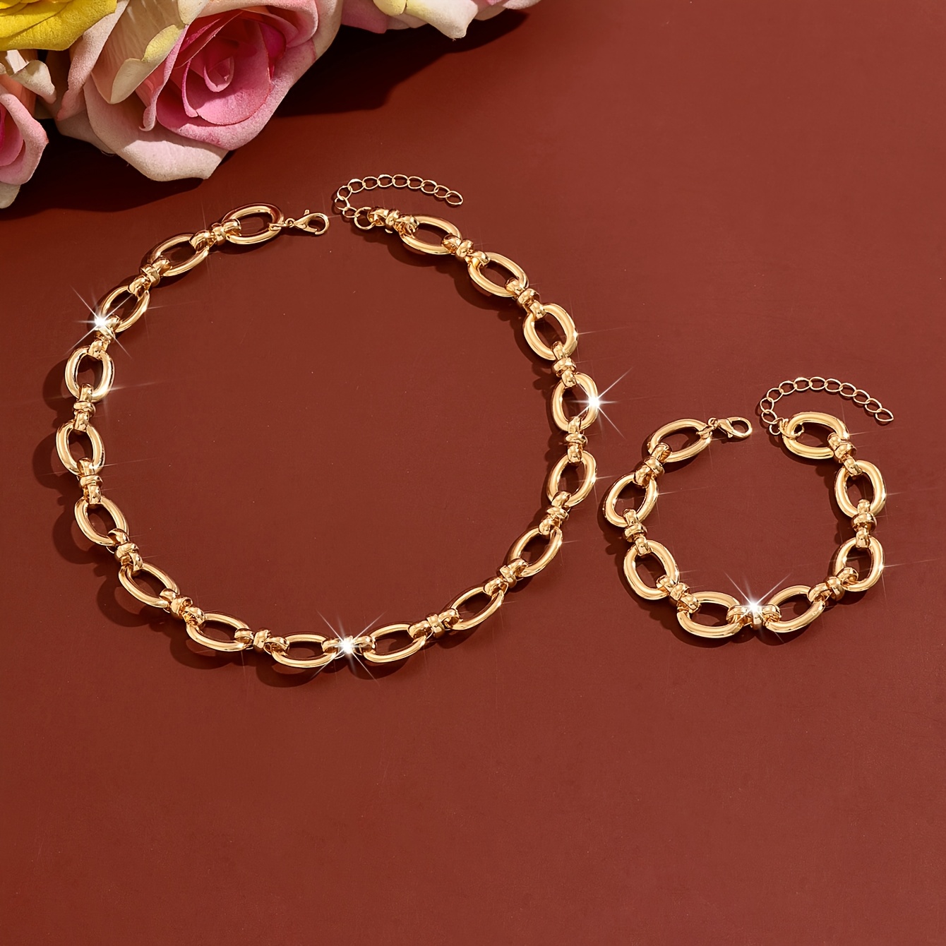 2pcs Large Oval Flat Ring & Thick Chain Necklace Bracelet Jewelry Set