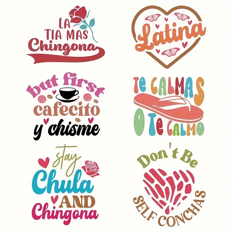 

6pcs Heat Transfer Stickers, Cute Flowers And Latina Letters Pattern, Diy Iron-on Clothing Supplies & Appliques For Clothes, T-shirt Making, Pillow Decorating