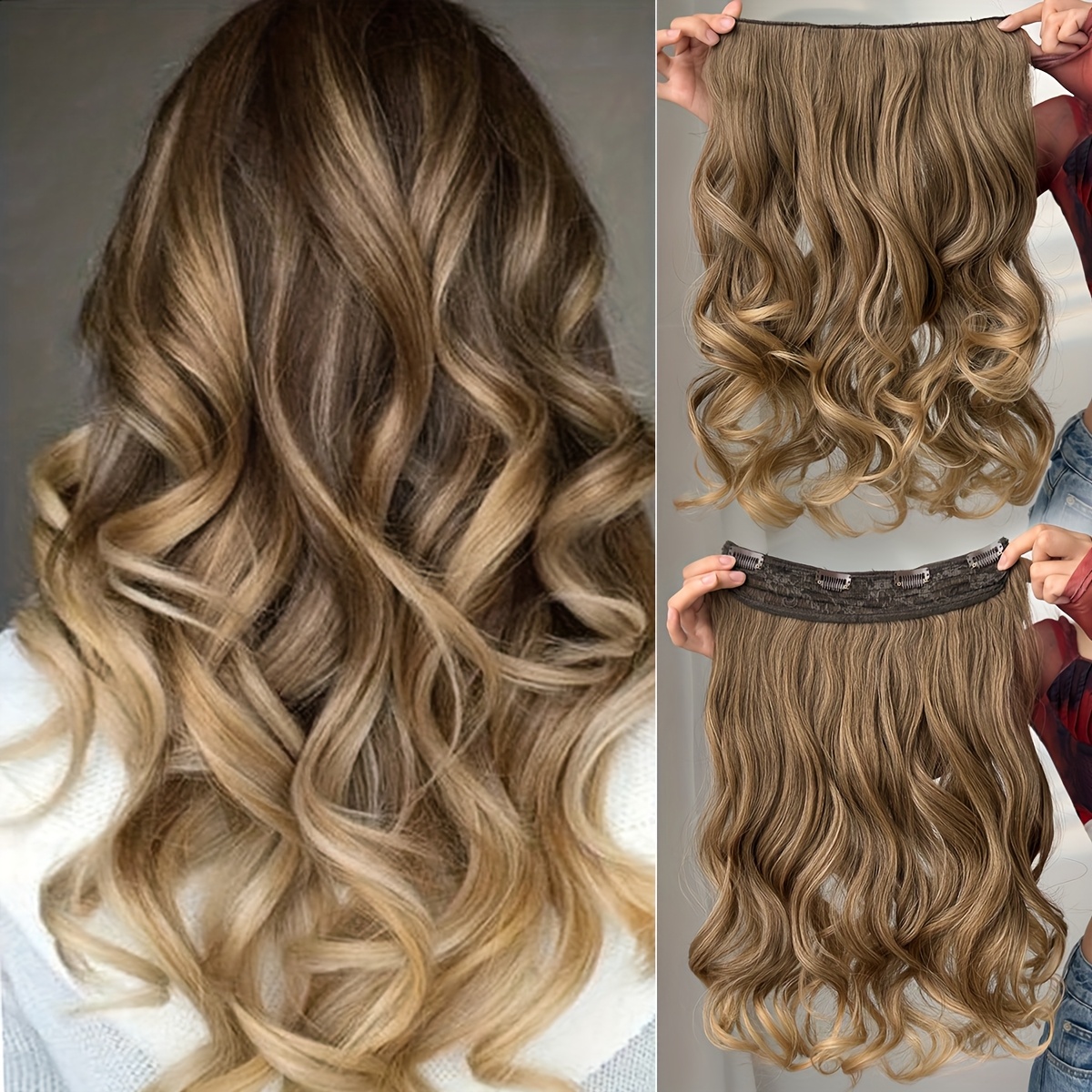 Image of Clip In Hair Extensions Ombre Red Color 20 Inch Long Body Wave Wavy Heat Resistant Fiber Synthetic Hairpiece For Women Girls Use