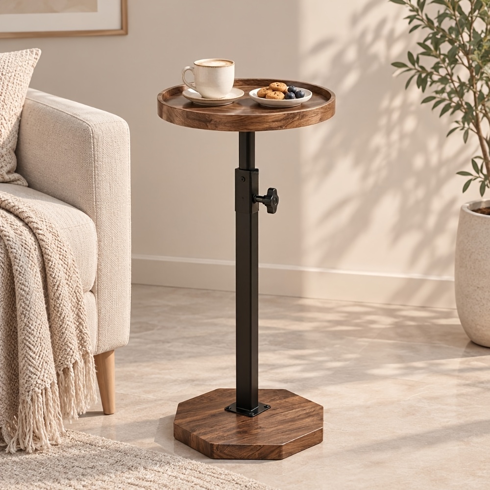 Image of Adjustable Height Snack Side Table, 30cm Round Tray With Raised Rim, Over Sofa Drink Table With Black Metal Stand And Octagonal Base, Bedside Snack Table For Bedroom, Couch And Balcony
