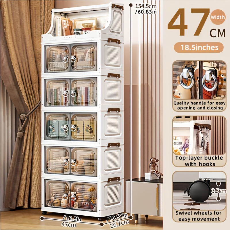 Image of 6/5/4/3 Tier Foldable Extra Large , Wheels & Open Top Shelf, 47cm Wide Stackable Plastic Organizer For Kitchen Hallway Living Room Garage Bedroom