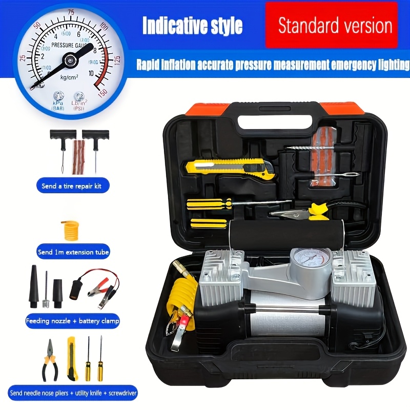 TEMU Car Tire Inflator Pump, Tool Kit With Tire Repair Kit, Air Compressor, Auto Stop Function, With Led Light, 12v, 150 Psi, No Battery Required