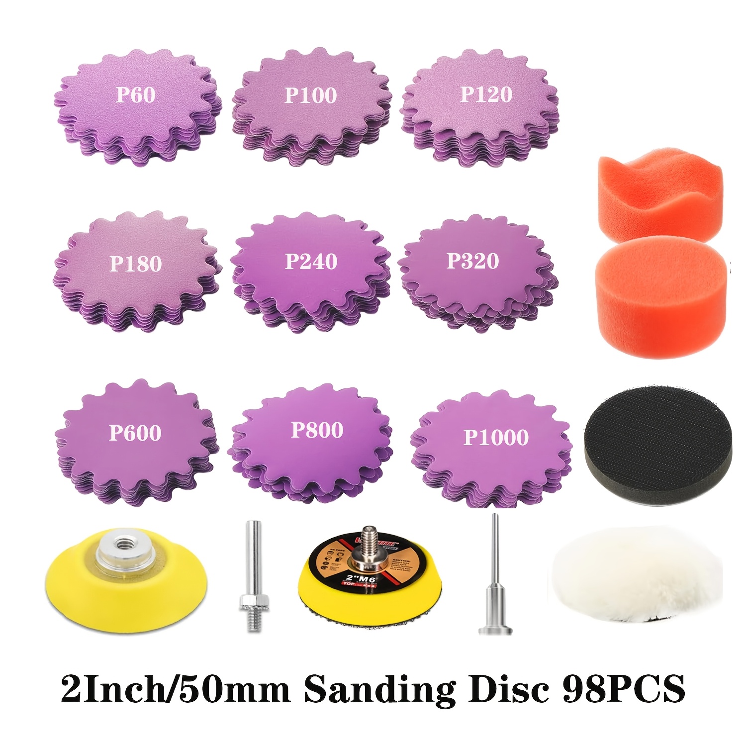 TEMU 98 disques de ponçage de 2 pouces | flexible pour ponçage à sec et humide, kit d'assortiment de de , avec tampon de polissage et tampon de