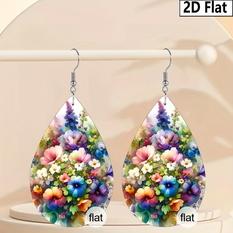 2D Flat Colorful Flower Bouquet Print PU Earrings, Double-Sided