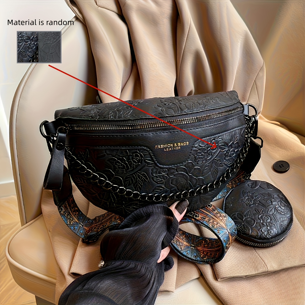 TEMU Floral Emblazoned Women's Waist Bag, Crossbody Purse With Chain And Detachable Pouch - Fashionable Brown Shoulder Bag For Daily Use, Perfect For