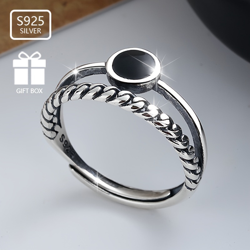 

1pc 925 Bague En Argent Sterling Tressage Rétro + Conception De Plaque Noire Gouttes D'Huile / Émail Bijoux Adapté Aux Hommes Et Aux Femmes Bijoux Ajustables De Haute Qualité