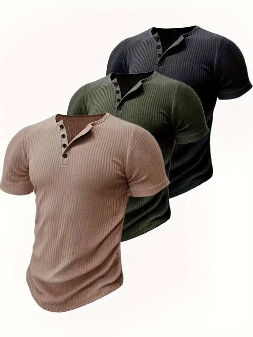 3pcs set henley shirt crew neck four button short sleeved mens fashion