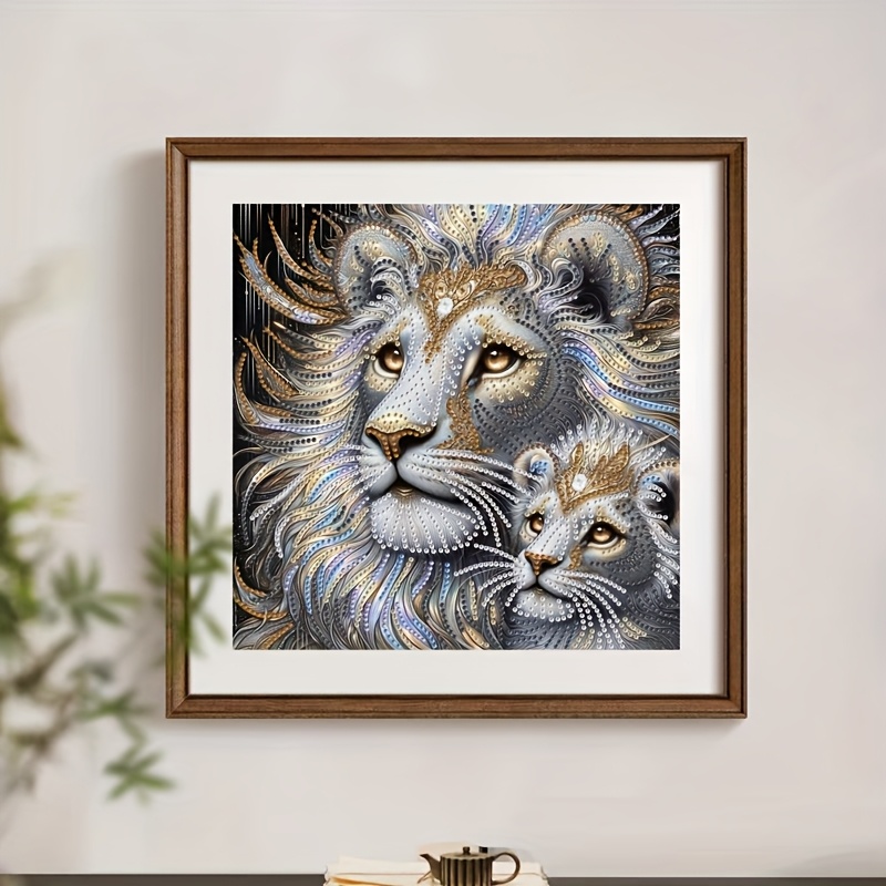 Image of Diy, Two-headed Lion Diamond Painting Kit - Partial Drill, Unique Shaped Synthetic Gemstone, Home Decor Canvas Craft Set, Perfect Handmade Gift Idea, 11.8x11.8 Inches
