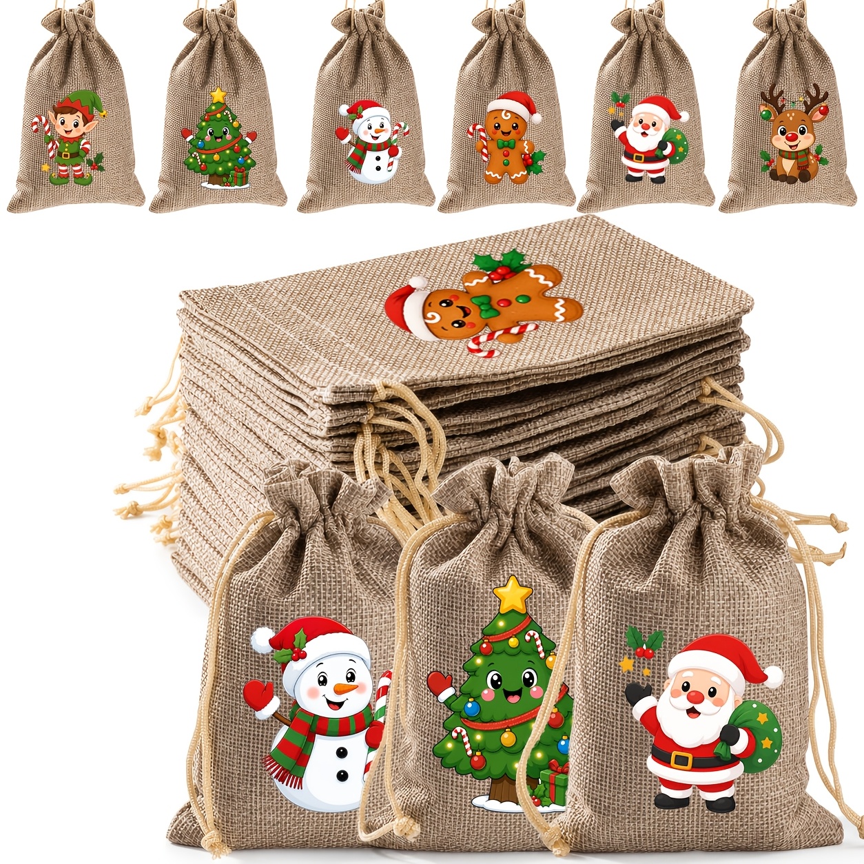 TEMU 24 stuks kerstcadeauzakjes van jute met trekkoord, 10 x kleine juten zakjes met 6 schattige feestdagenontwerpen, kerstfeestzakjes voor kleine