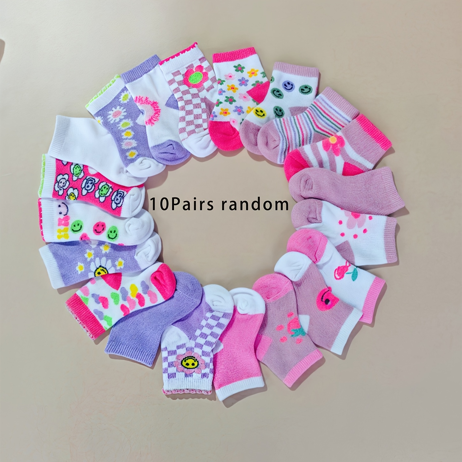 10-pair Set, Colors And Styles , Infant And Toddler Ankle Socks, Featuring Floral, Heart, And Horizontal Stripe Patterns, Suitable For , Children's Socks