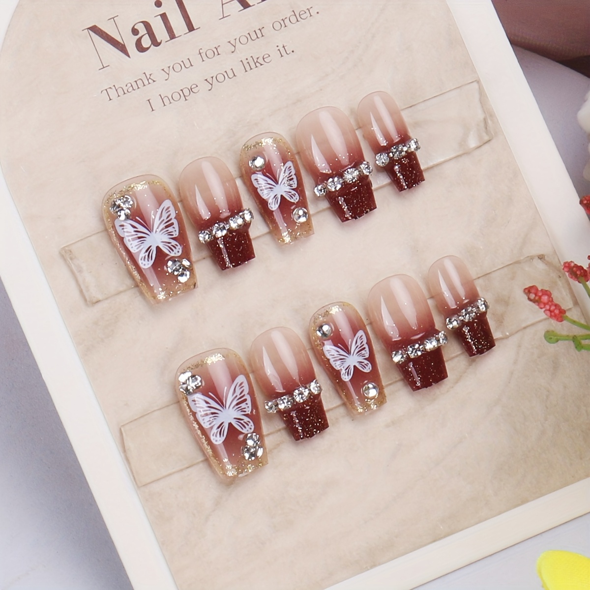 30pcs french burgundy gradient   nails with white   print glitter   design short   press on nails for women   wear prom wedding cute nails wedding accessories glittering accents Product details 4