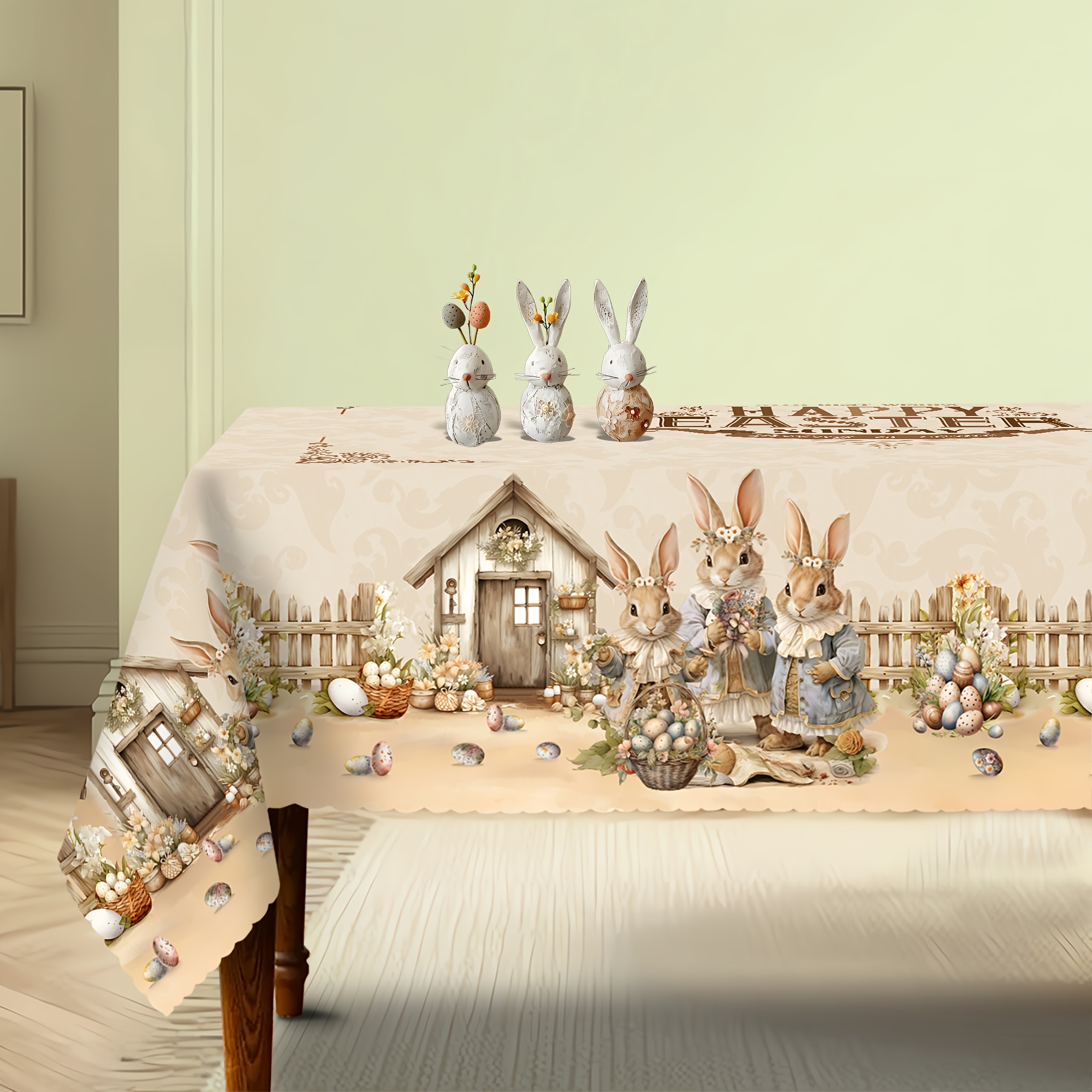 

1pc Easter Bunny Tablecloth, Polyester 100% Rectangular Machine Made Woven, Rabbit & Egg Design For Indoor/outdoor Dining & Holiday Decor