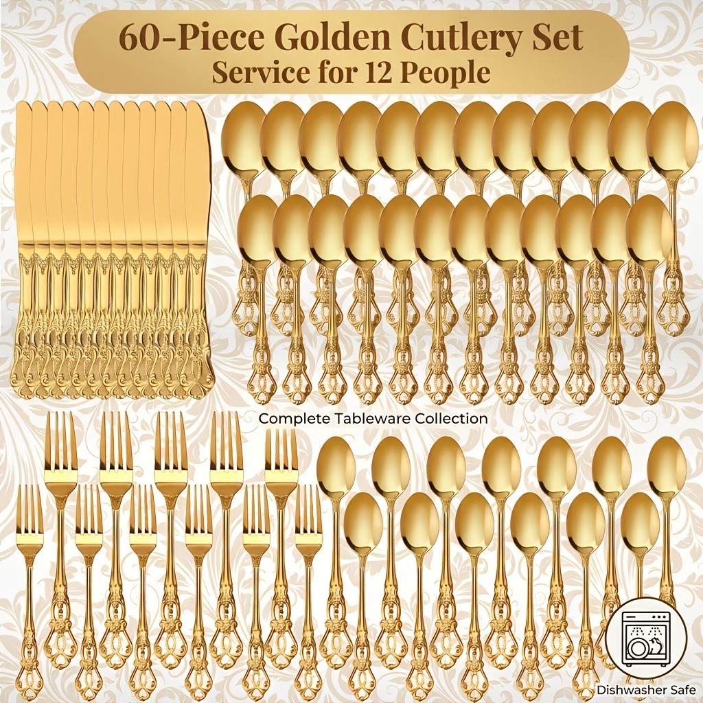 TEMU Ensemble de couverts 60 pièces en acier inoxydable doré, un accessoire de cuisine haut de gamme et élégant. Les manches présentent un motif en ,
