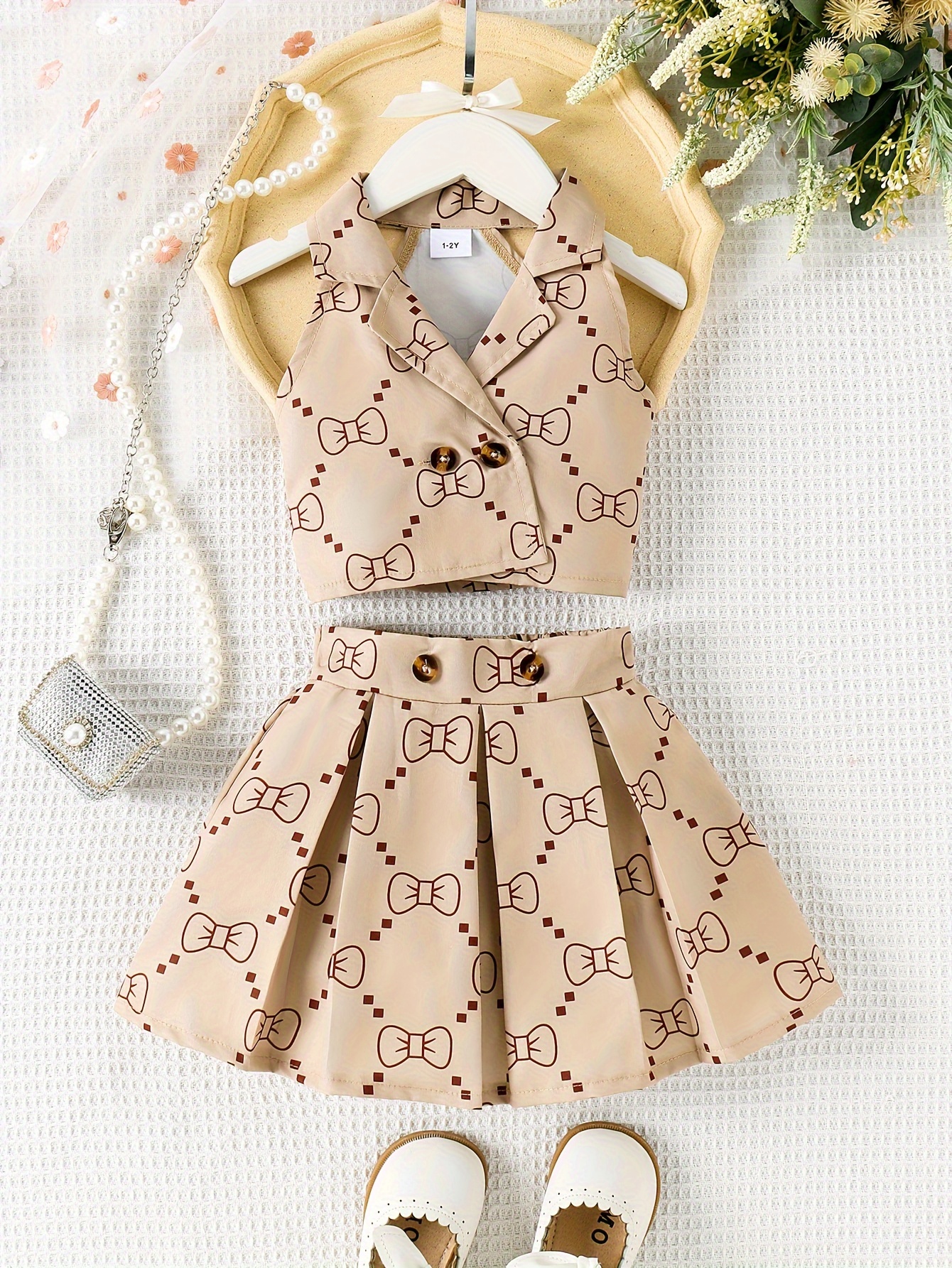 P100574 Fashion Sleeveless Top with Butterfly Knot Print And Pleated Skirt Set for Little Girls
