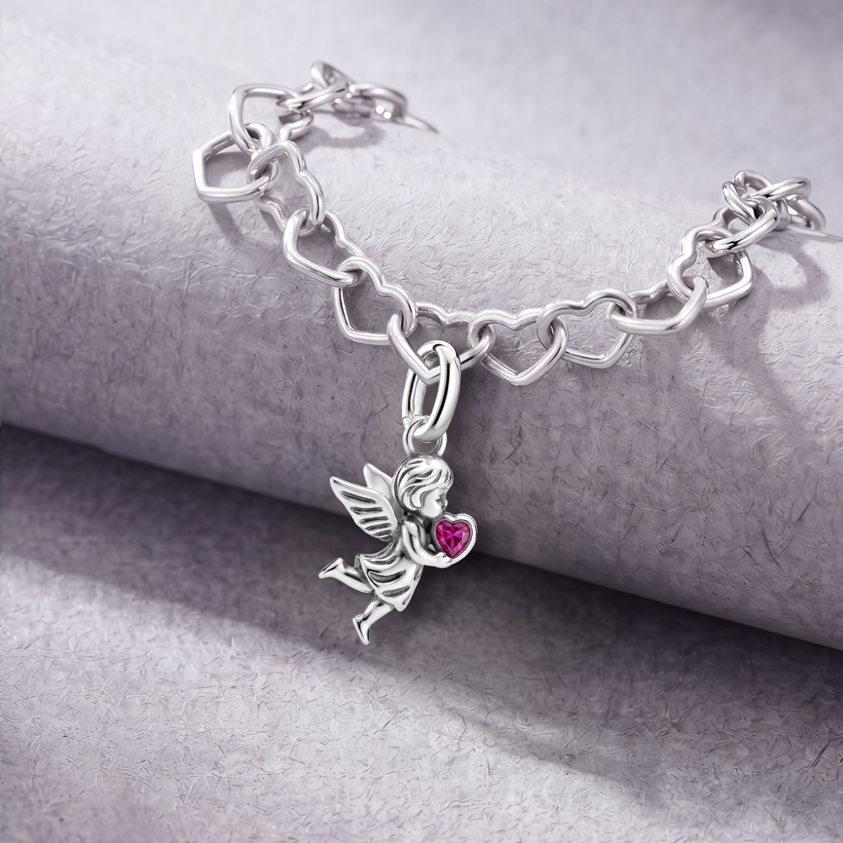 Heart-Holding Angel Vintage Pendant Bracelet, 925 Silver Plated