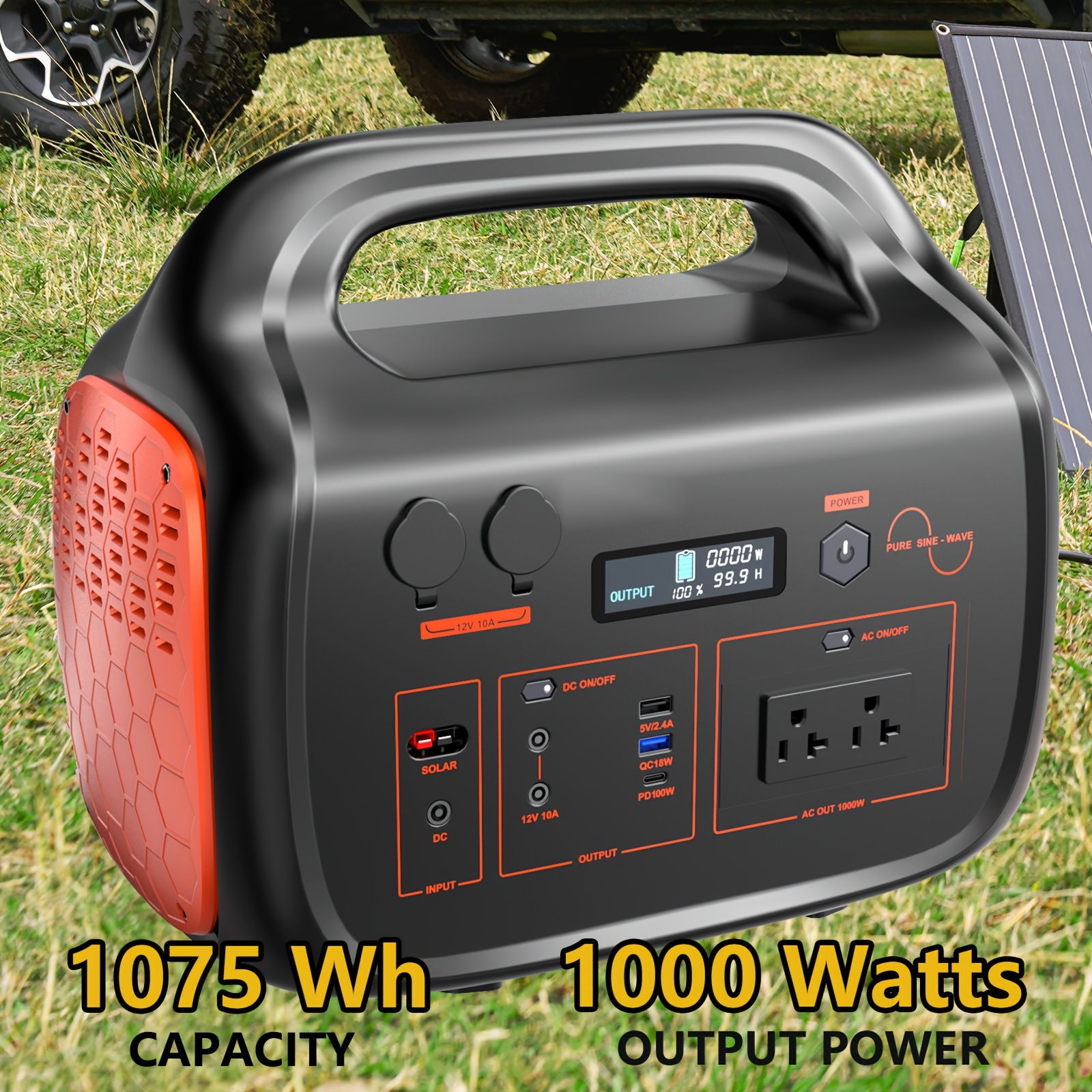 

1075wh Solar Generator 1000w, Portable Power Station With 60w Usb-c Pd , 120v Pure Sine Wave Ac Outlet Backup Lithium Battery For Outdoors Camping Travel Hunting Home ( 2000w)