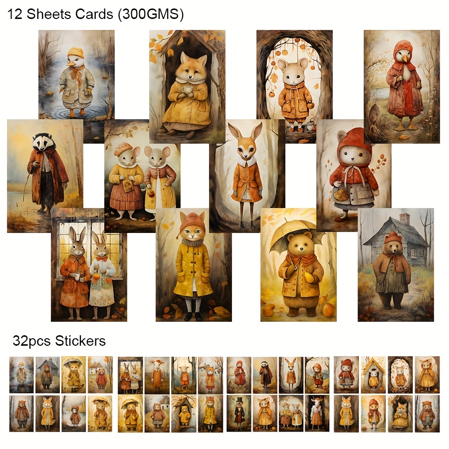 Image of 44pcs Card And Sticker Set Autumn Animal Theme With Woodland Animal Patterns, For Harvest Holiday Flag Diy, Bottle, Album Decor, Greeting Card, Scrapbooking, Paper Craft, Junk Journal, Backgroud Pad