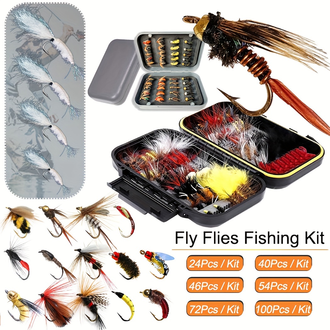 

Fly Fishing Flies Kit, 24-100pcs Handmade Fly Fishing Artificial Fly Baits Lures With Dry/wet Flies, , Fly Assortment Trout Bass Fishing With