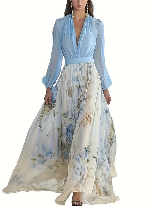 Women S Elegant Bohemian Floral Print V-Neck Maxi Dress - Lightweight Chiffon A-Line Long Sleeve Dress with Skirt, Versatile Wear for Casual & Formal Occasions, Elegant Party Dress For Women, Casual And Elegant Dress For Women, Wedding Dress, Wedding Guest Dresses Women, Summer Dresses For Women