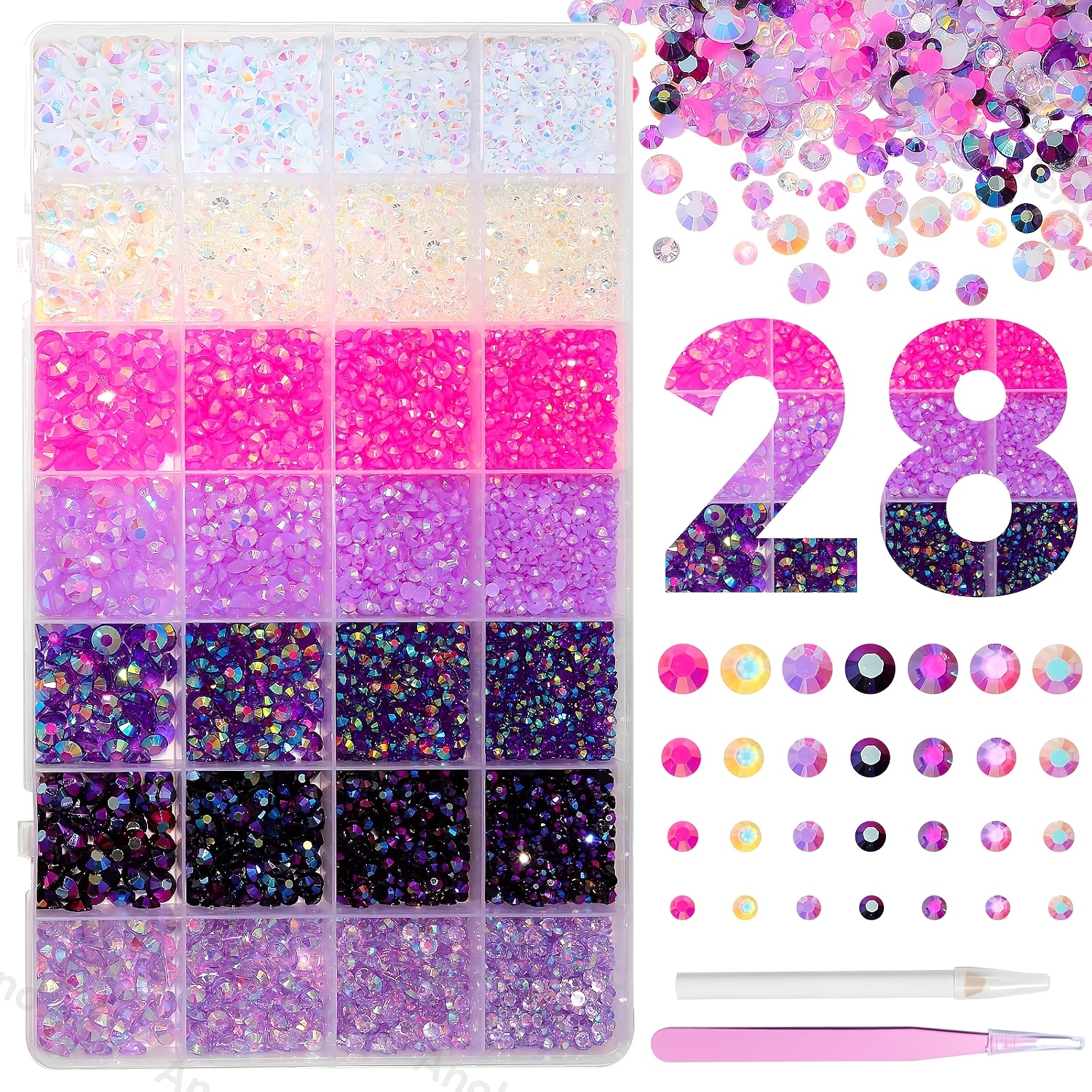 TEMU 22000pcs Pink Purple Rhinestones, Jelly Resin Gem Rhinestones3-6mm, Purple Gems Bedazzling Kit For Crafting, Flatback Color Gems For Nails Face