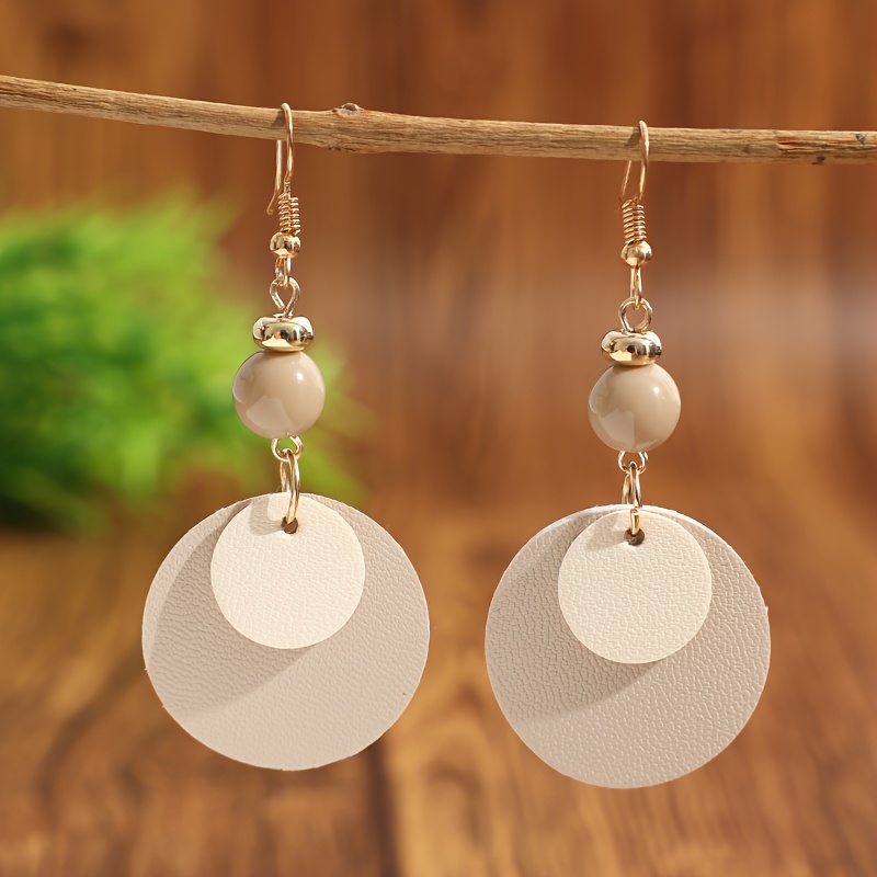 Pair Of Gentle Style Cream Double-layer Round Bead Earrings, Premium Matte Faux Leather Long Earrings