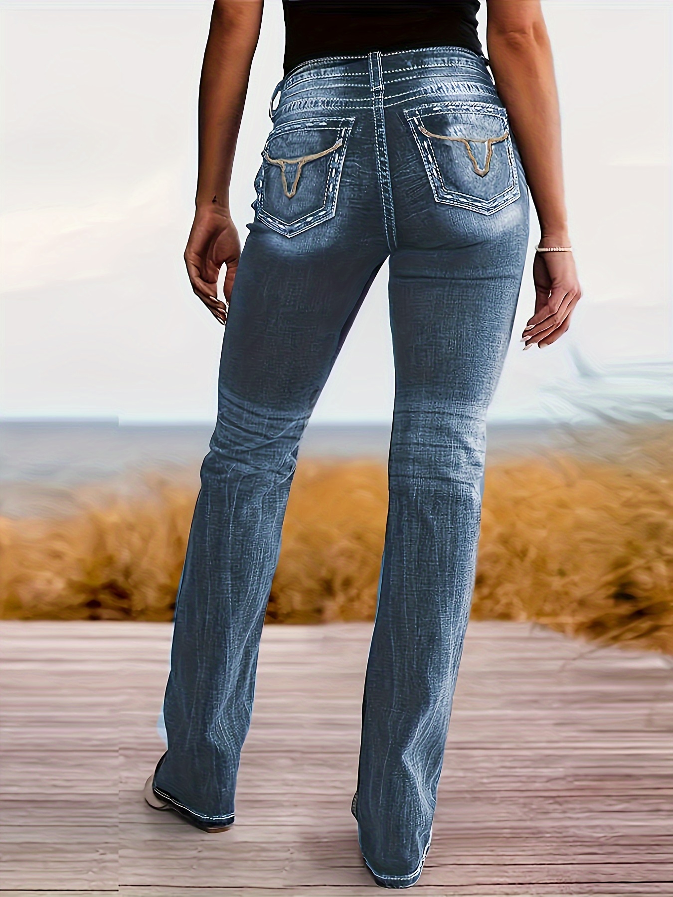 Jeans Acampanados Elasticos Bordados Mujer Pantalones Temu