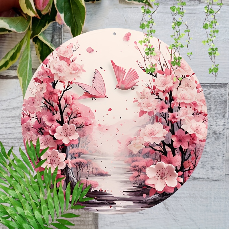 

1pc 8x8inch (20x20cm) Round Aluminum Sign Metal Sign Pink Floral Wreath Sign Signs For Wreaths For Home Living Bedroom Room Kitchen